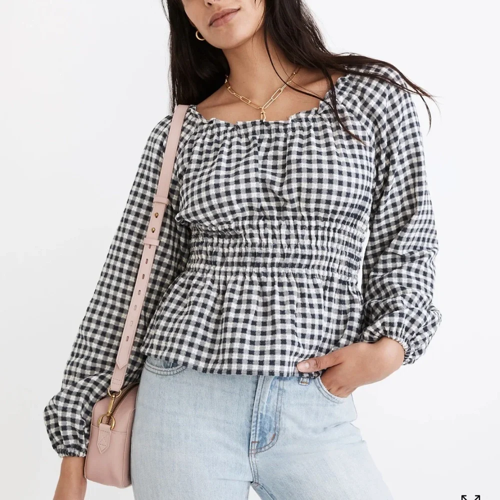Madewell Black and White Gingham Smocked Peplum Blouse